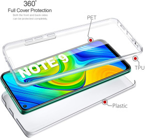 Луксозен ултра тънък Поли-Карбонов комплект предна и задна част със силиконова ТПУ рамка 360° Body Guard за Xiaomi Redmi Note 9 M2003J15SG кристално прозрачен